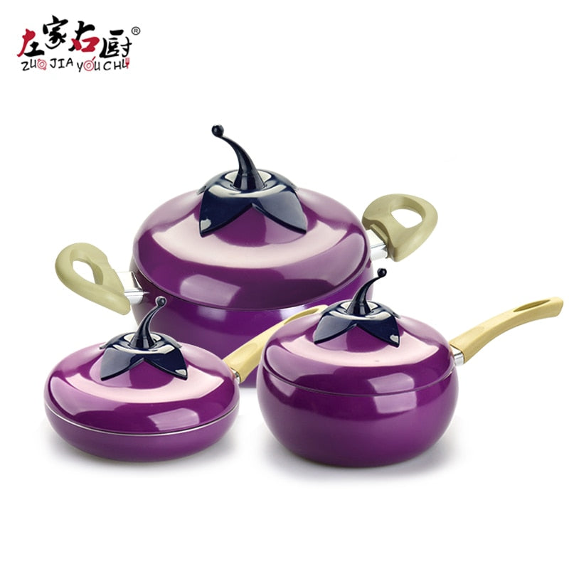 20cm Creative eggplant style kitchen smoke-free and non-stick pot set soup pot milk pot frying pan and frying pan cookware set