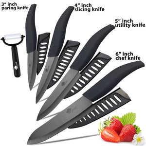 Ceramic Knife 3 4 5 inch + 6 inch Kitchen Knives Serrated Bread Set +Peeler Zirconia Black Blade Fruit Chef Knife Vege Cook Tool