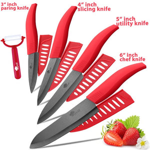 Ceramic Knife 3 4 5 inch + 6 inch Kitchen Knives Serrated Bread Set +Peeler Zirconia Black Blade Fruit Chef Knife Vege Cook Tool