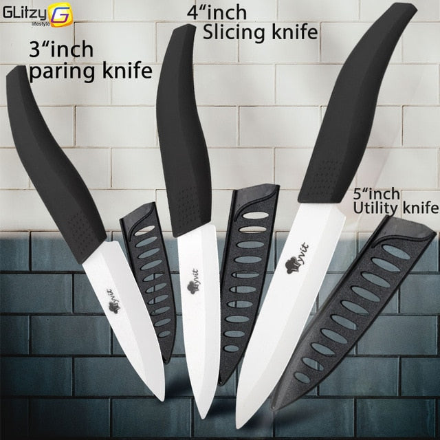 Ceramic Knife 3 4 5 inch + 6 inch Kitchen Knives Serrated Bread Set +Peeler Zirconia Black Blade Fruit Chef Knife Vege Cook Tool