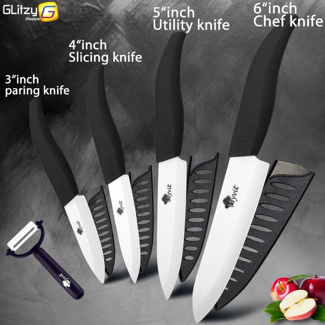 Ceramic Knife 3 4 5 inch + 6 inch Kitchen Knives Serrated Bread Set +Peeler Zirconia Black Blade Fruit Chef Knife Vege Cook Tool