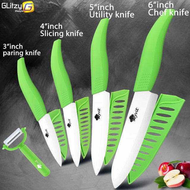 Ceramic Knife 3 4 5 inch + 6 inch Kitchen Knives Serrated Bread Set +Peeler Zirconia Black Blade Fruit Chef Knife Vege Cook Tool