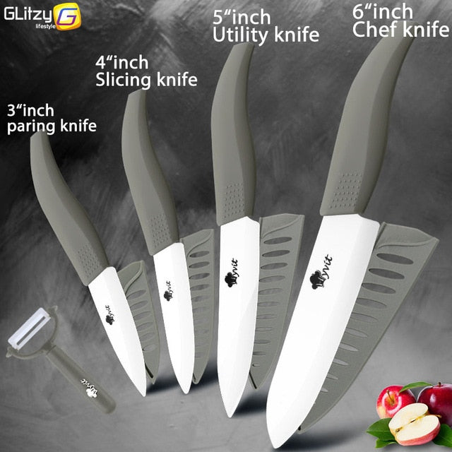 Ceramic Knife 3 4 5 inch + 6 inch Kitchen Knives Serrated Bread Set +Peeler Zirconia Black Blade Fruit Chef Knife Vege Cook Tool