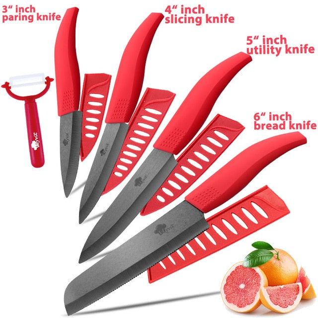 Ceramic Knife 3 4 5 inch + 6 inch Kitchen Knives Serrated Bread Set +Peeler Zirconia Black Blade Fruit Chef Knife Vege Cook Tool