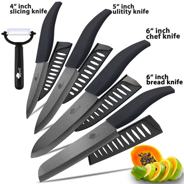 Ceramic Knife 3 4 5 inch + 6 inch Kitchen Knives Serrated Bread Set +Peeler Zirconia Black Blade Fruit Chef Knife Vege Cook Tool