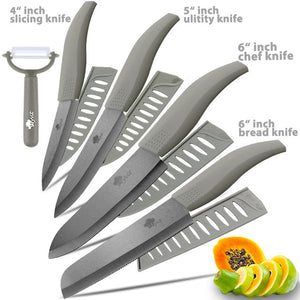 Ceramic Knife 3 4 5 inch + 6 inch Kitchen Knives Serrated Bread Set +Peeler Zirconia Black Blade Fruit Chef Knife Vege Cook Tool