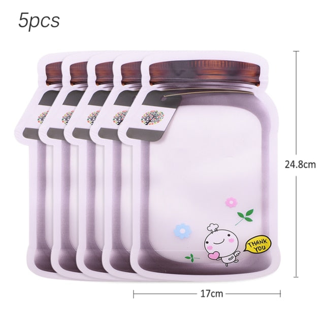 5Pcs Seal Reusable Mason Jar Bottles Bags Food Container Zipper Bags Food Storage Organizer Ziplock Bags Kitchen Organizer