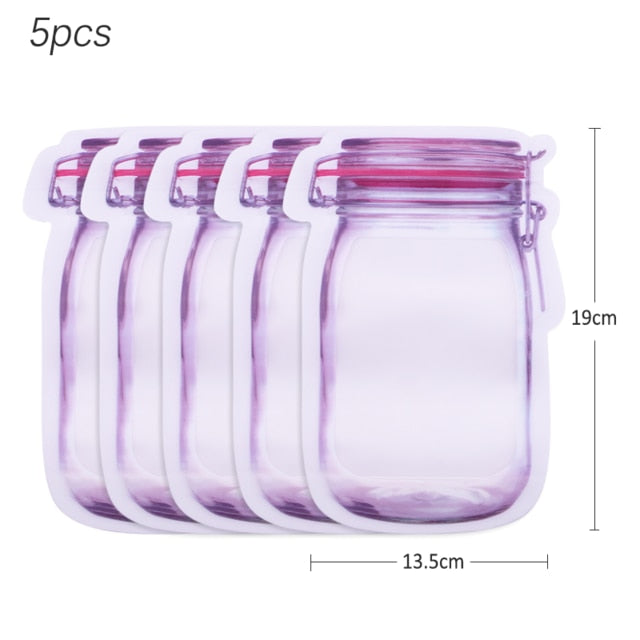 5Pcs Seal Reusable Mason Jar Bottles Bags Food Container Zipper Bags Food Storage Organizer Ziplock Bags Kitchen Organizer