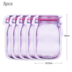 5Pcs Seal Reusable Mason Jar Bottles Bags Food Container Zipper Bags Food Storage Organizer Ziplock Bags Kitchen Organizer