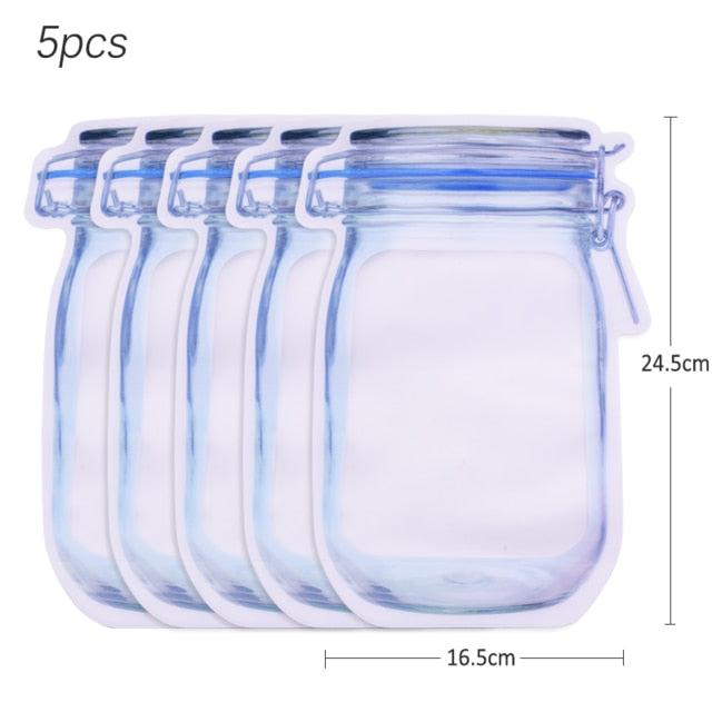 5Pcs Seal Reusable Mason Jar Bottles Bags Food Container Zipper Bags Food Storage Organizer Ziplock Bags Kitchen Organizer