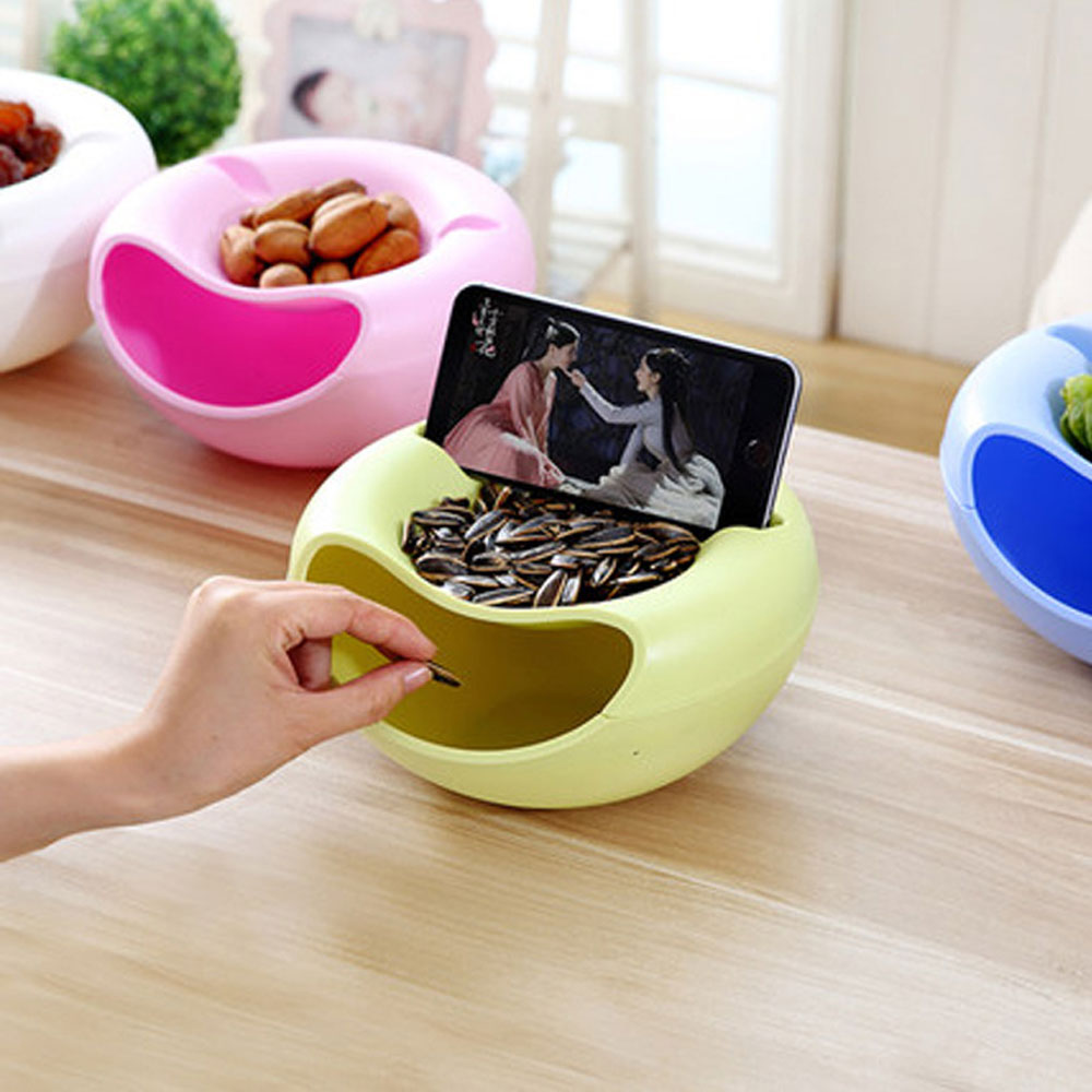 Shape Snack Bowl Plastic Lazy Fruit Plate Double Snack Storage Bowl Fruit Plate with Phone Holder Multi-color Optional