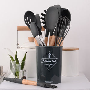 12pcs Kitchen Utensil Set Silicone Cooking Tools Set Household Wooden Koken Gereedschap Met Opbergdoos Turner Tang Spatel Turner