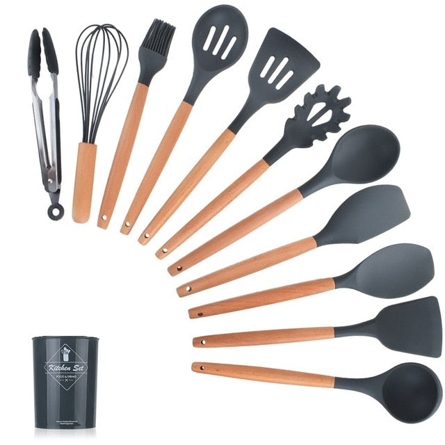 12pcs Kitchen Utensil Set Silicone Cooking Tools Set Household Wooden Koken Gereedschap Met Opbergdoos Turner Tang Spatel Turner