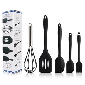 5pcs Silicone Kitchen Tools Set Cooking Tools Utensils Set Spatula Shovel Soup Spoon With Wooden Handle Special Heat-resistant