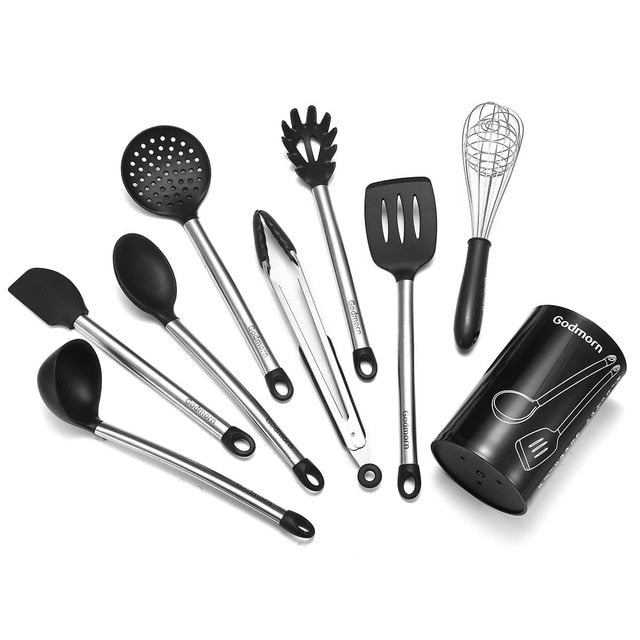 9PCS Silicone Handle Cookware Silica Gel Utensils Kitchenware Non-Stick Pan Shovel Spoon Spatula Kitchen Cooking Tool Set