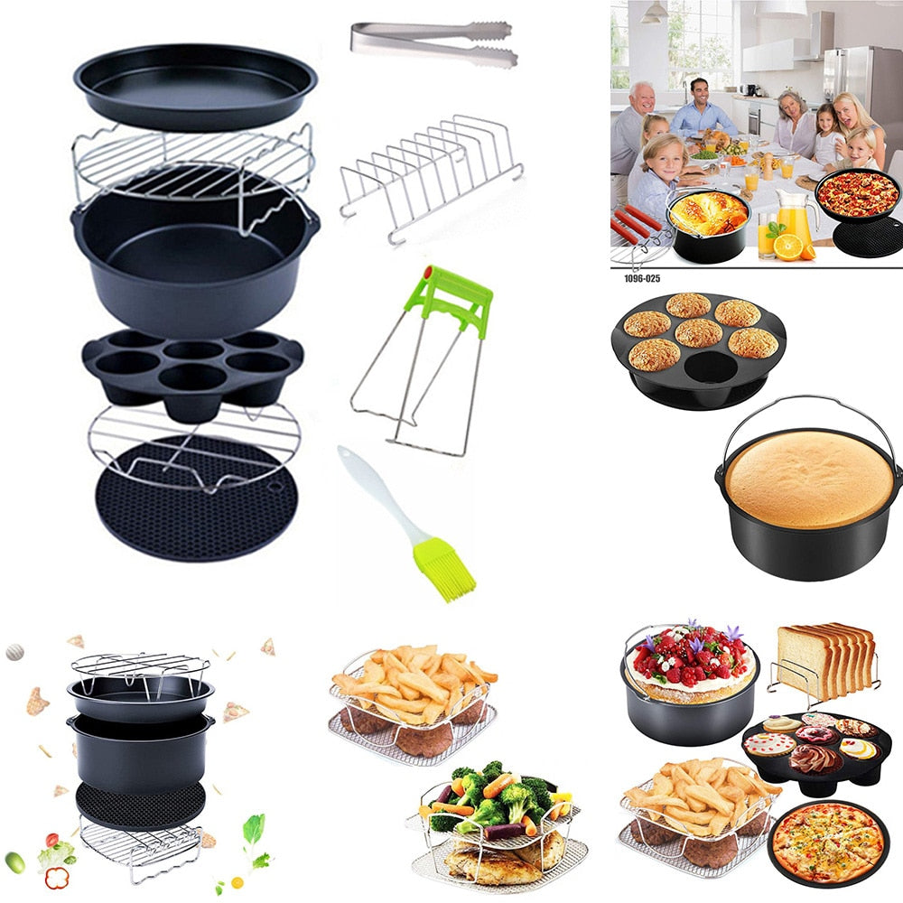 10PCS/Set Air Fryer Accessories 6/7/8 Inch Fit For Airfryer 3.2QT-5.8QT Baking Basket Pizza Plate Grill Pot Kitchen Cooking Tool